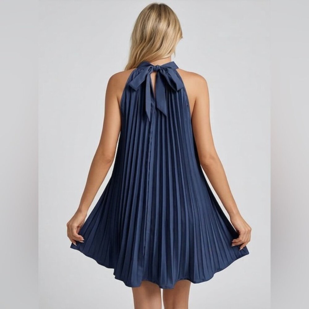 Tie Back Pleated Halter Dress Blue - Picture 3 of 6